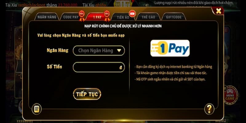 Sử dụng dịch vụ thanh toán 1Pay để nạp tiền vào tài khoản tại HitClub